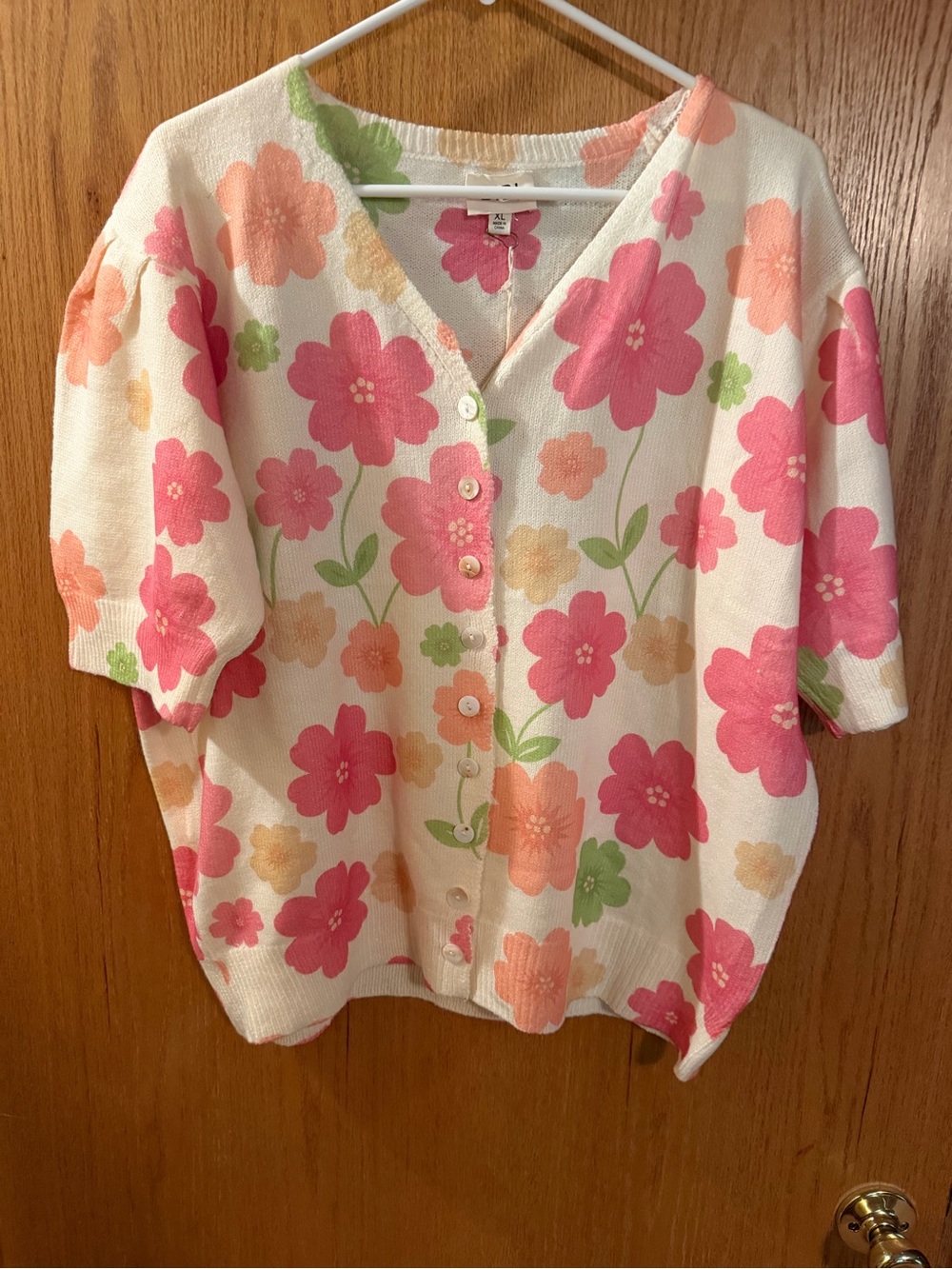 Bibi Floral Button-Up light weight short sleeve sweater  - Pink & Peach Flowers